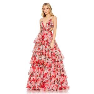 Mac Duggal #67985 Floral Pleated Chiffon Cut Out Ballgown, Rosette ,Halter